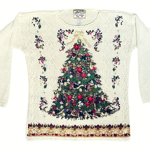 Vintage Heirloom Collectibles Christmas Tree Sweater Beaded Embroidered Medium - Picture 1 of 10